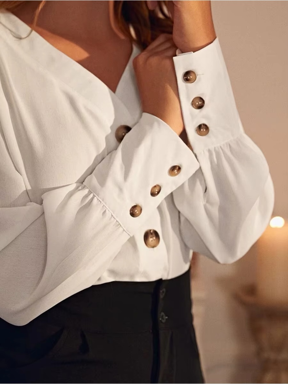 Home Collection White Button-Front V-Neck Blouse
